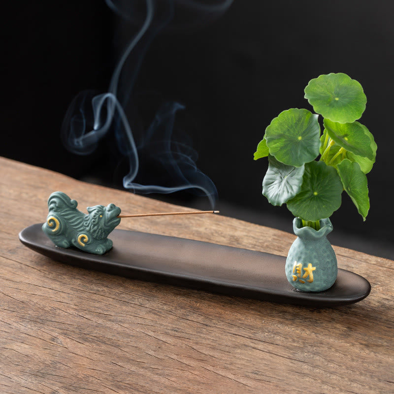 Pixiu Wealth Ceramic Incense Burner – teal Pixiu wealth vase, feng shui incense plate