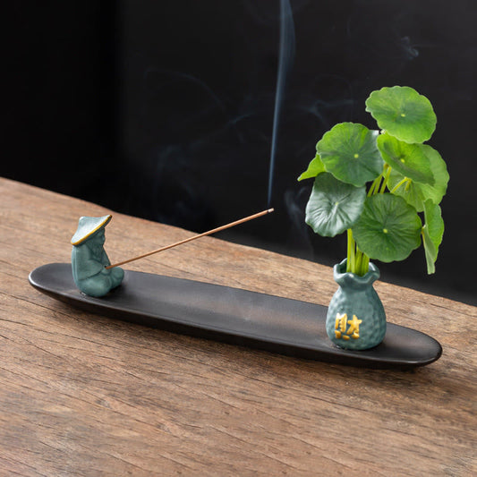 Pixiu Wealth Ceramic Incense Burner – blue fisherman lotus plant, ceramic aromatherapy holder