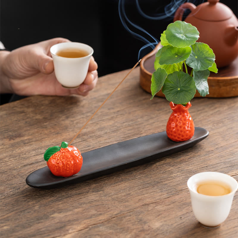 Pixiu Wealth Ceramic Incense Burner – orange holder tea scene, relaxing aromatherapy zen