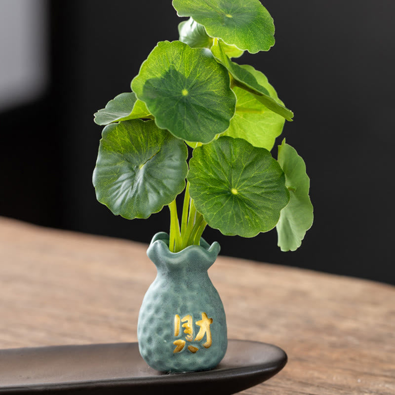 Pixiu Wealth Ceramic Incense Burner – blue wealth bag vase close-up, gold fortune character