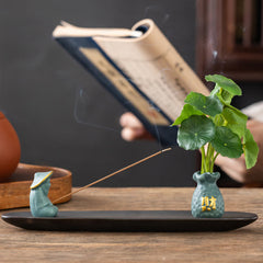 Pixiu Wealth Ceramic Incense Burner – blue ancient scroll background, Asian tea room decor