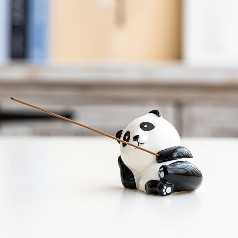 Panda Ceramic Incense Burner - Panda hugging incense stick on white, peaceful home harmony decor