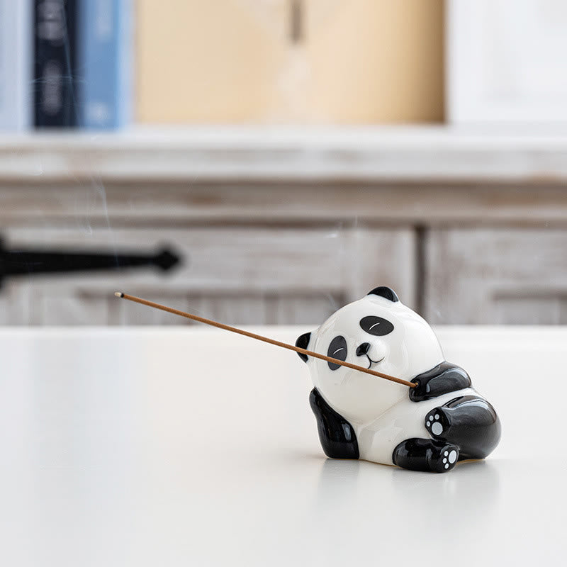 Panda Ceramic Incense Burner - Panda holding incense upright on woven mat, peaceful harmony decor