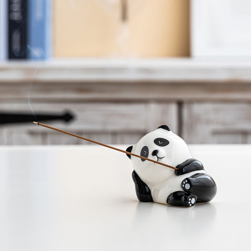 Panda Ceramic Incense Burner - Content panda with closed eyes holding incense, peaceful zen decor
