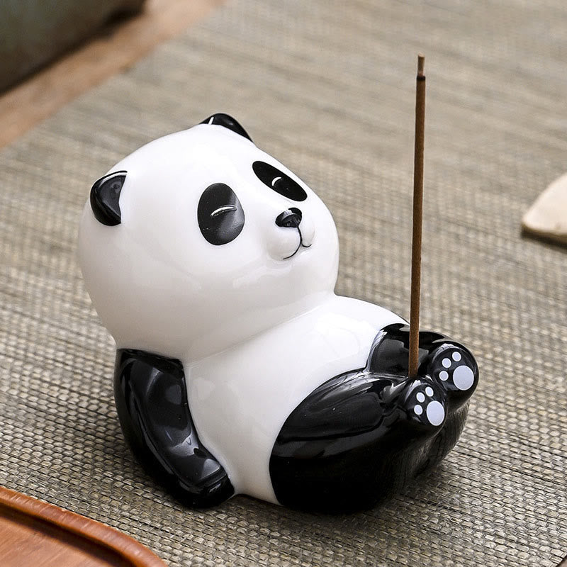 Panda Ceramic Incense Burner - Panda lying on back with raised legs holding incense, zen decor