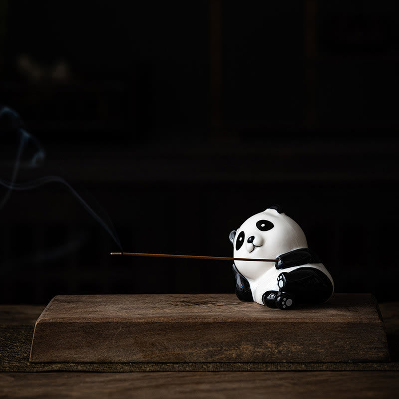 Panda Ceramic Incense Burner - Seated panda on dark wood with incense smoke, harmony zen decor