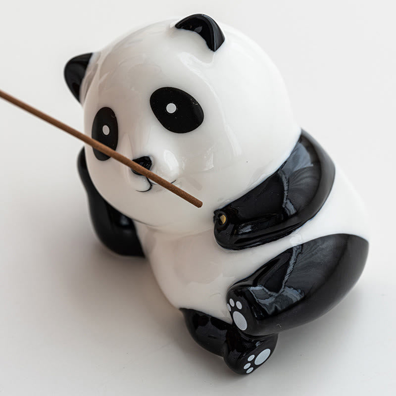 Panda Ceramic Incense Burner - Panda holding incense stick from mouth like bamboo, peaceful decor