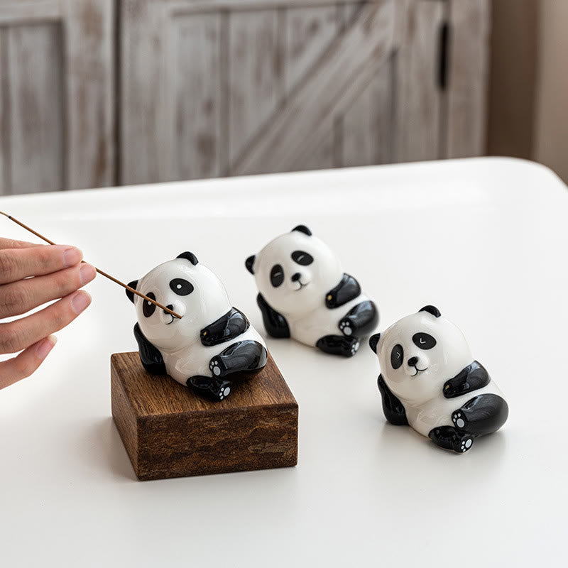 Panda Ceramic Incense Burner - Three panda holders with incense inserted by hand, harmony set