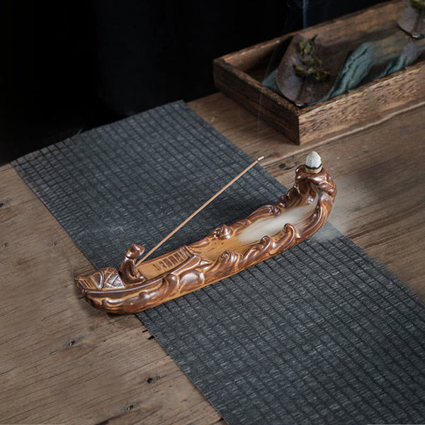 Boat Cicada Ceramic Incense Burner – Fishing boat with fisherman and backflow smoke on woven mat, zen decor