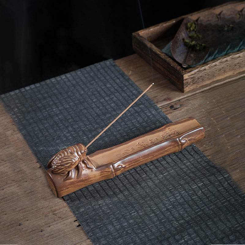 Boat Cicada Ceramic Incense Burner – Three-piece set with boat lid crane and lotus tray, backflow smoke