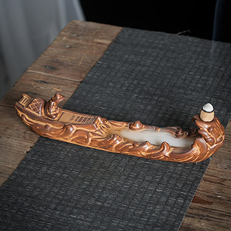 Boat Cicada Ceramic Incense Burner – Backflow smoke cascading into boat hull on bamboo mat, meditation decor