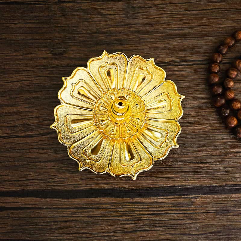 Lotus Home Decoration Incense Burner – Golden brass scalloped petals, teardrop cutouts, overhead, Radiant