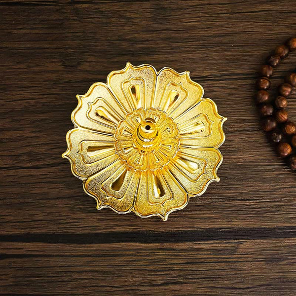 Lotus Home Decoration Incense Burner – Golden brass scalloped petals, teardrop cutouts, overhead, Radiant
