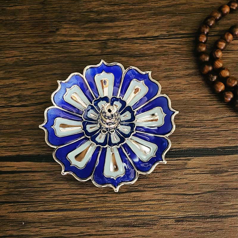 Lotus Home Decoration Incense Burner – Cobalt blue white petals, silver trim, overhead on rustic wood, Serene