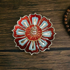 Lotus Home Decoration Incense Burner – Red blue enamel petals, gold trim, top view on dark wood, Meditative