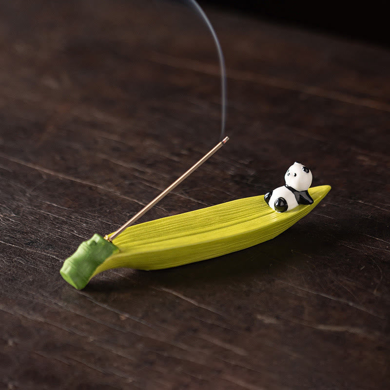 Panda Ceramic Incense Burner - Tiny panda on lime green leaf with smoke, zen meditation decor