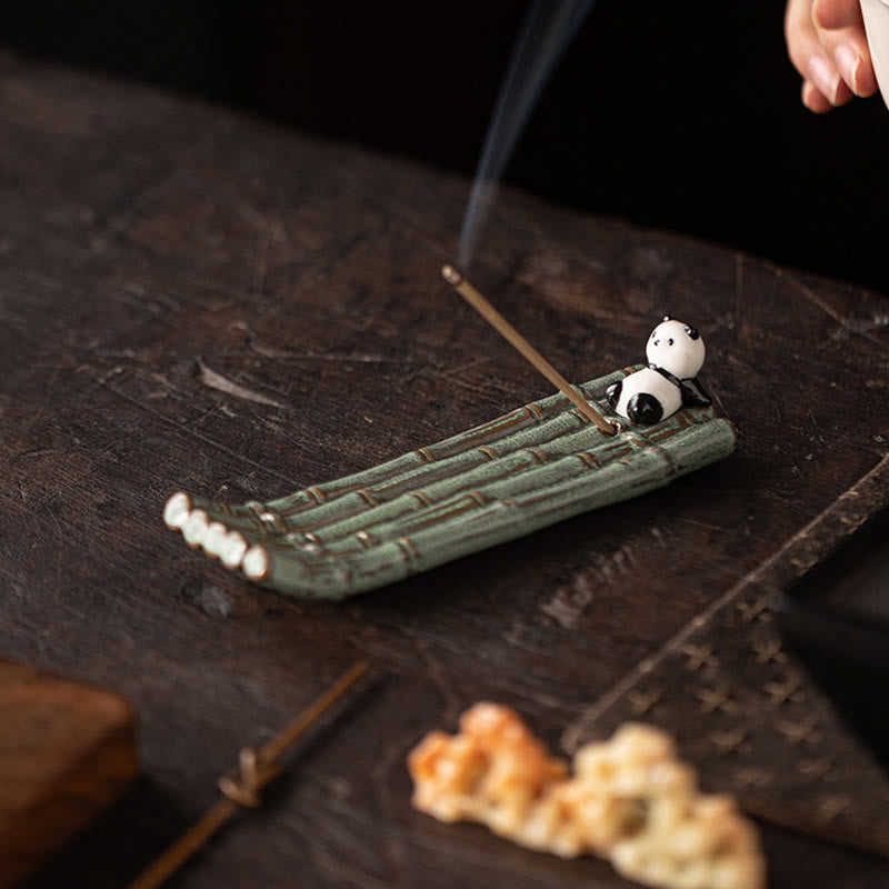 Panda Ceramic Incense Burner - Reclining panda on green bamboo raft with smoke, zen home decor