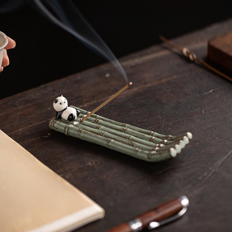 Panda Ceramic Incense Burner - Panda on bamboo raft with smoke and fountain pen, zen meditation
