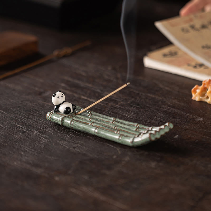 Panda Ceramic Incense Burner - Panda on bamboo raft with smoke and calligraphy scroll, zen decor