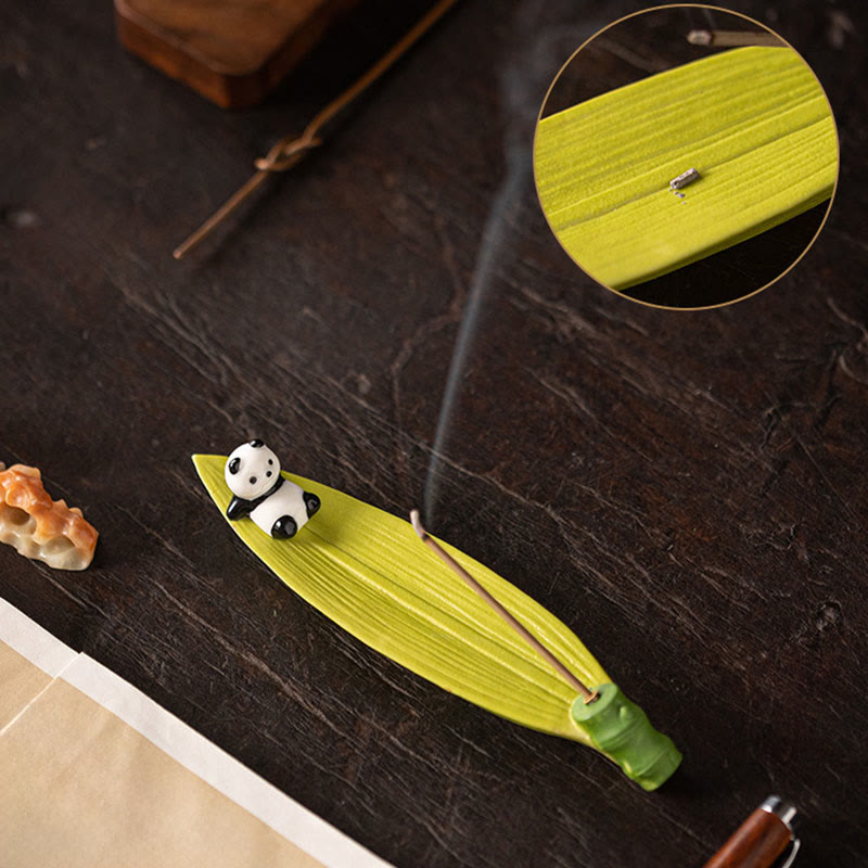 Panda Ceramic Incense Burner - Green leaf panda with magnified groove inset and smoke, zen decor