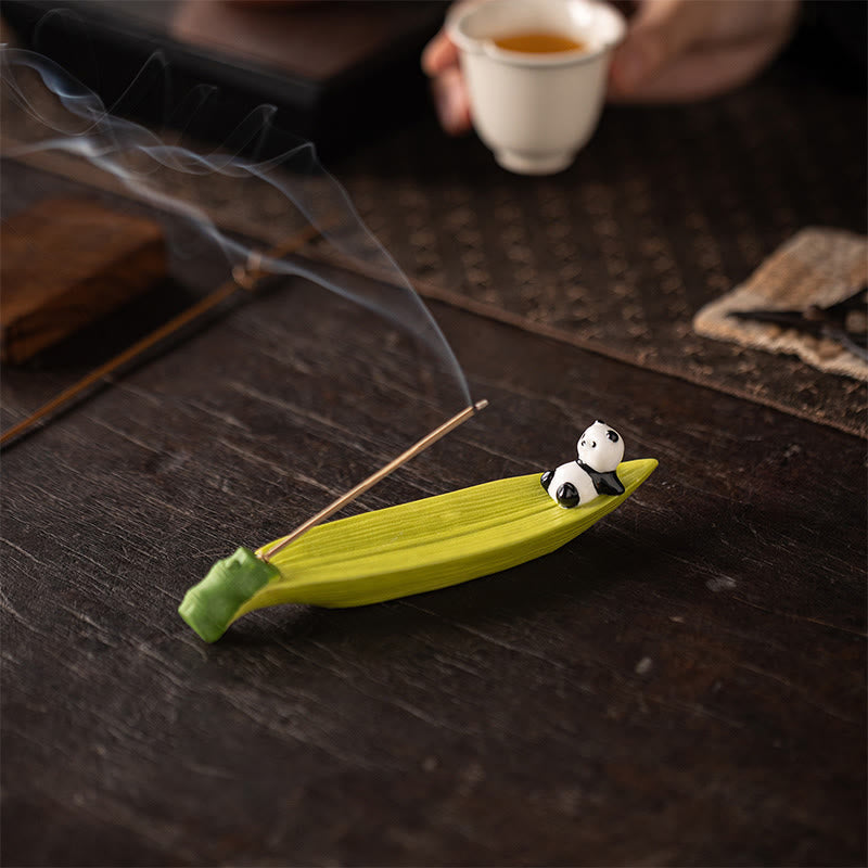 Panda Ceramic Incense Burner - Panda on bamboo leaf with smoke and tea, zen meditation accessory
