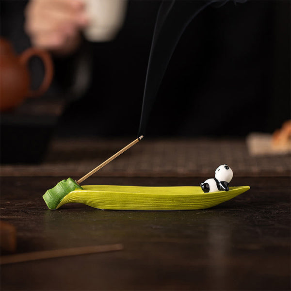 Panda Ceramic Incense Burner - Panda on leaf with smoke and clay teapot, zen home decor piece