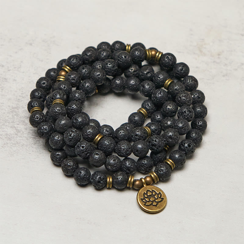 Lava Rock Lotus Healing New Beginning Mala – wrapped porous lava stone beads with brass spacers, Calm