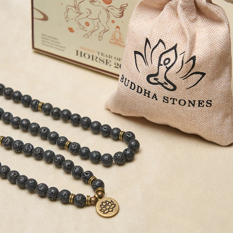Lava Rock Lotus Healing New Beginning Mala – 108-bead lava mala with lotus guru bead, Healing