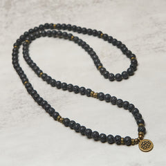 Lava Rock Lotus Healing New Beginning Mala – full-length lava stone strand with lotus charm, Strength