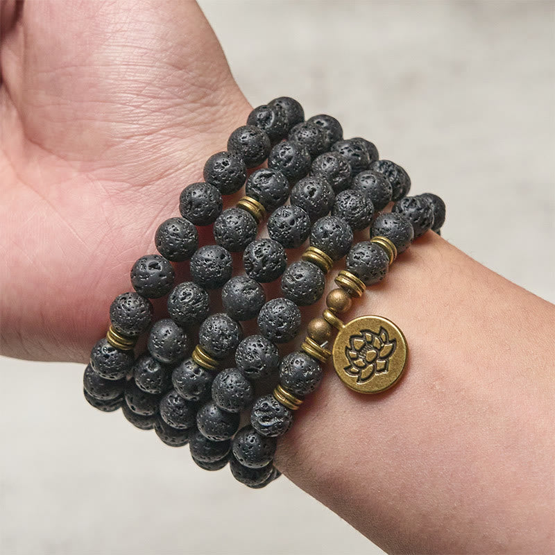 Lava Rock Lotus Healing New Beginning Mala – multi-wrap lava rock bracelet on wrist, Resilient