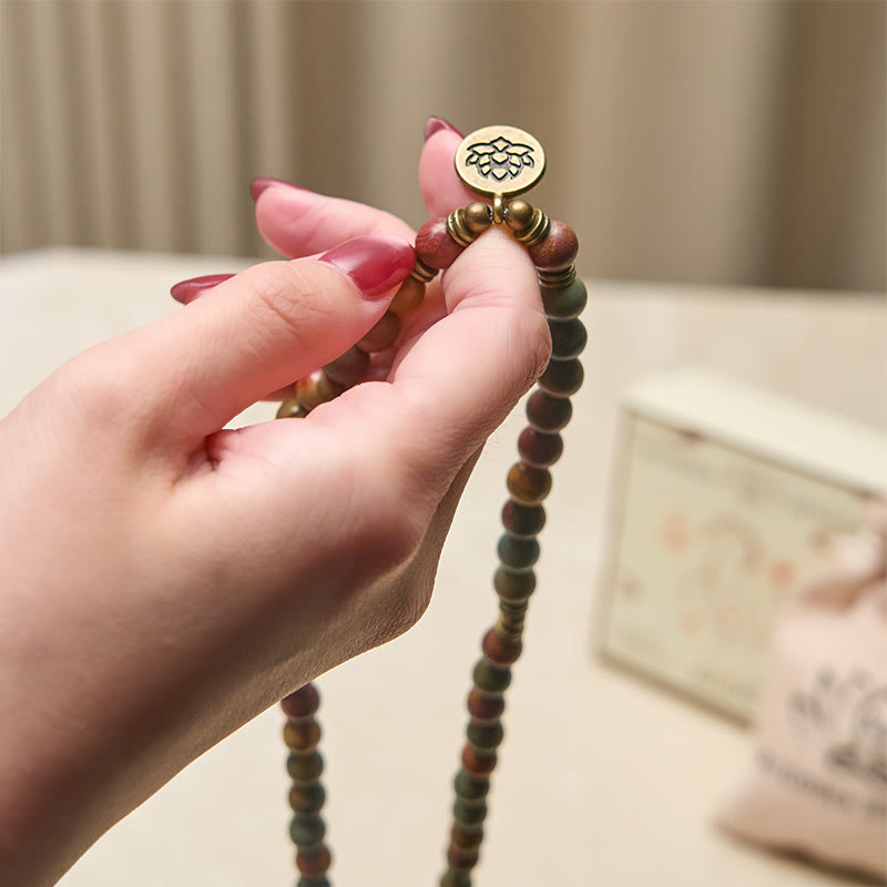 Red Turquoise Lotus Warm Mala – handheld red turquoise strand with autumn tones, Invigorating