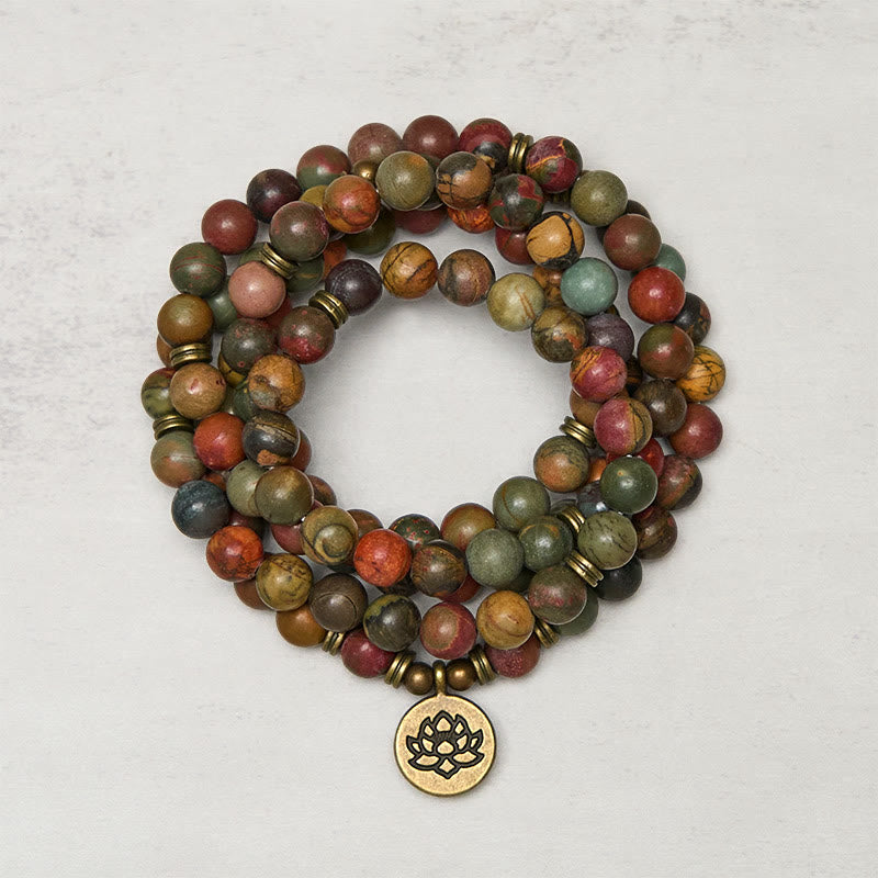 Red Turquoise Lotus Warm Mala – coiled earth-tone red turquoise beads with lotus pendant, Warm