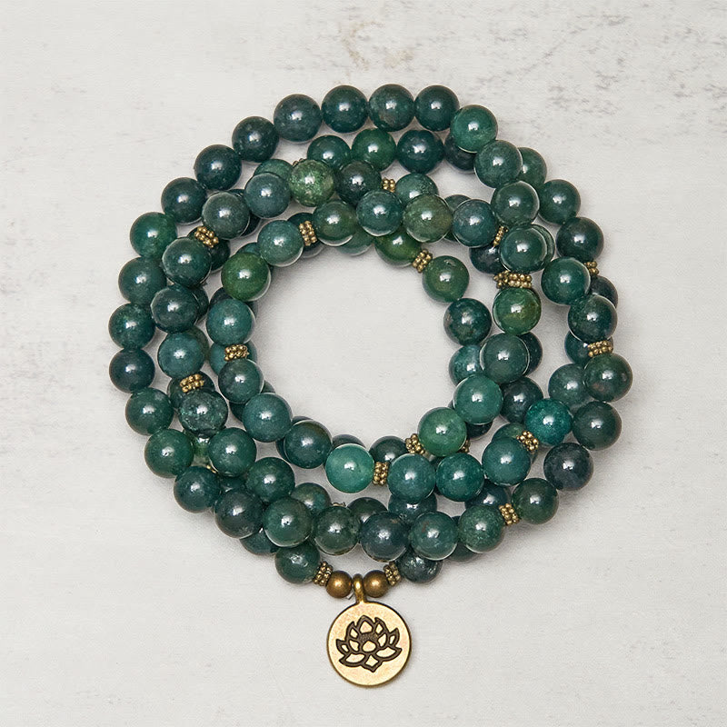 Moss Agate Lotus Beaded Healing Mala – coiled green moss agate beads with brass spacers, Calming
