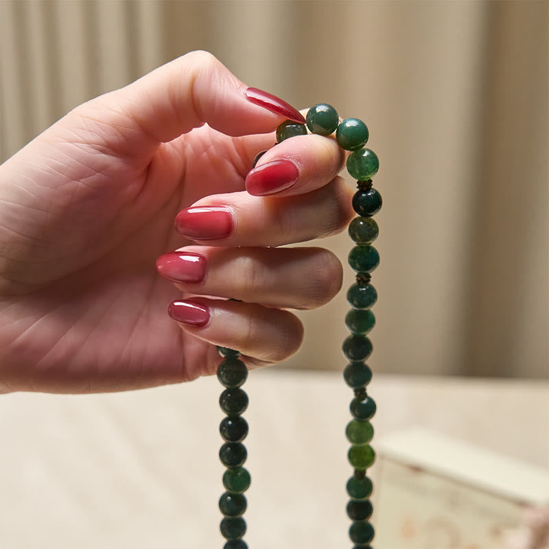 Moss Agate Lotus Beaded Healing Mala – handheld moss agate strand with forest green beads, Balancing