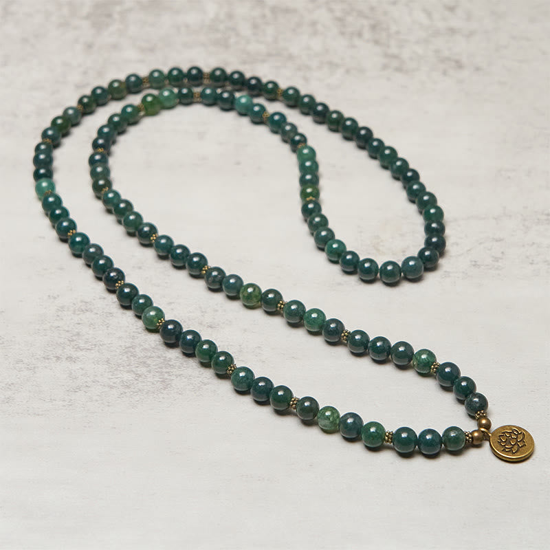 Moss Agate Lotus Beaded Healing Mala – full-length moss agate strand with lotus pendant, Natural