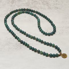 Moss Agate Lotus Beaded Healing Mala – full-length moss agate strand with lotus pendant, Natural