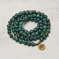 Moss Agate Lotus Beaded Healing Mala – wrapped moss agate with translucent green inclusions, Soothing