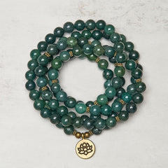 Moss Agate Lotus Beaded Healing Mala – coiled green moss agate beads with brass spacers, Calming