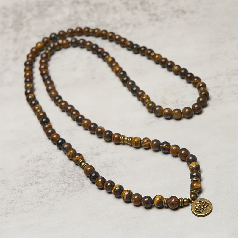 Tiger Eye Lotus Beaded Strength Mala – full-length tiger eye strand with lotus pendant, Confident