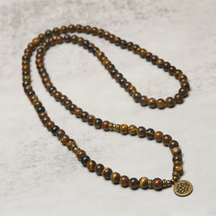 Tiger Eye Lotus Beaded Strength Mala – full-length tiger eye strand with lotus pendant, Confident