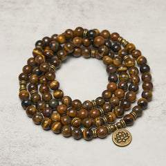 Tiger Eye Lotus Beaded Strength Mala – wrapped tiger eye mala with chatoyant golden beads, Protective