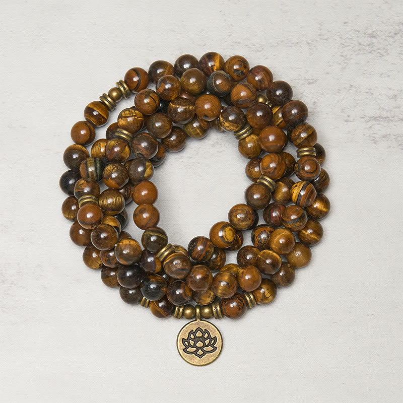 Tiger Eye Lotus Beaded Strength Mala – coiled tiger eye beads with brass spacers, Grounding