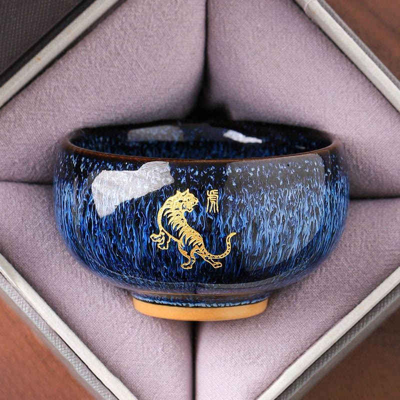 Ceramic Horse Zodiac Cup – Gold tiger mid-stride on cobalt oil-spot glaze, fearless