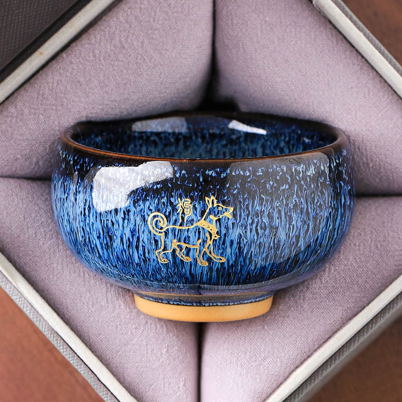 Ceramic Horse Zodiac Cup – Gold dog on blue hare-fur glaze in cushioned box, devoted