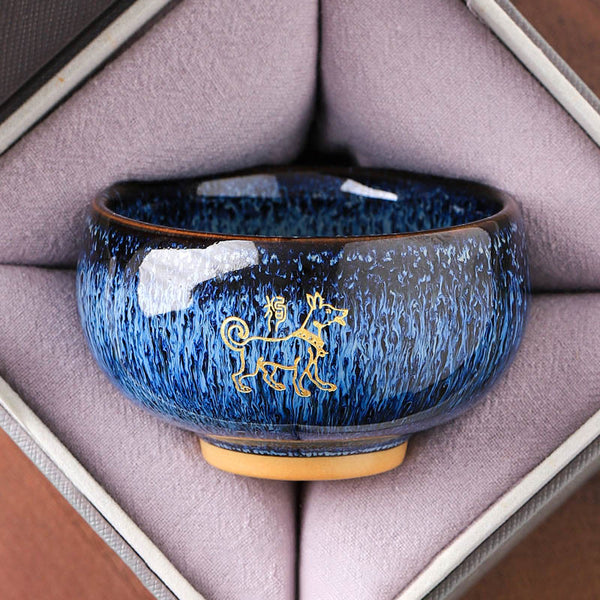 Ceramic Horse Zodiac Cup – Gold dog on blue hare-fur glaze in cushioned box, devoted