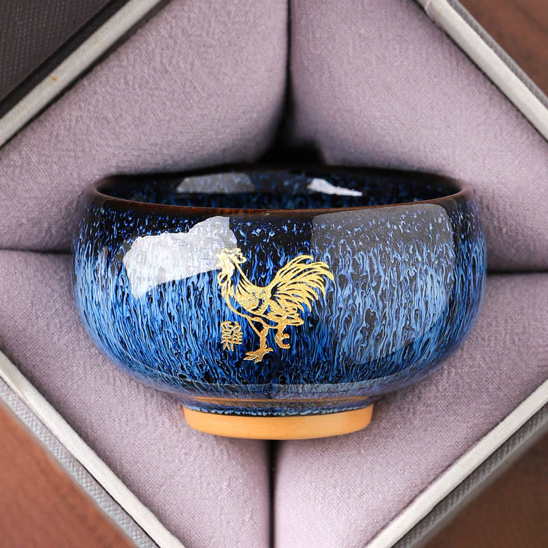 Ceramic Horse Zodiac Cup – Gold rooster on deep blue kiln-fired glaze, proud