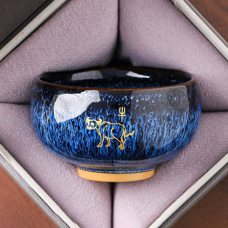 Ceramic Horse Zodiac Cup – Gold ox on midnight blue crystal glaze, unglazed foot ring, steadfast