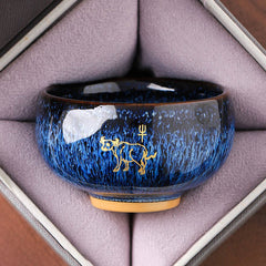 Ceramic Horse Zodiac Cup – Gold ox on midnight blue crystal glaze, unglazed foot ring, steadfast