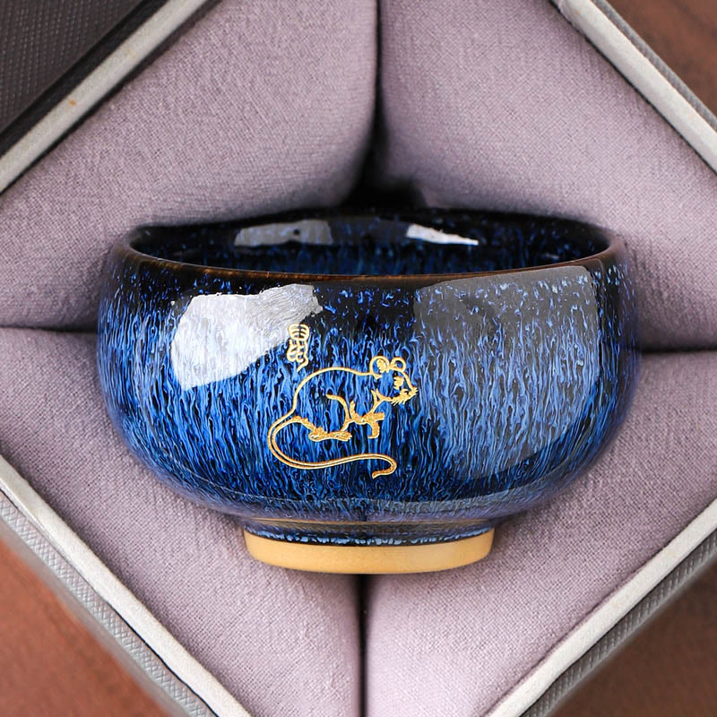 Ceramic Horse Zodiac Cup – Gold rat with zodiac character on blue glaze, gift-ready, clever