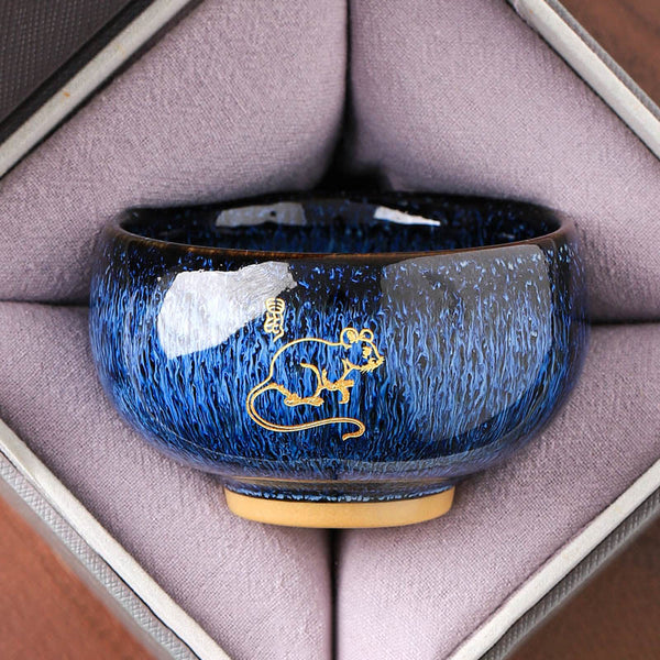 Ceramic Horse Zodiac Cup – Gold rat with zodiac character on blue glaze, gift-ready, clever